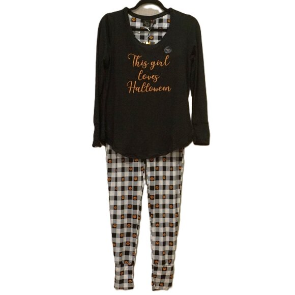 Spooky Night 2 Piece PJ Set Top “This Girl Loves Halloween” Plaid Bottoms Medium - Picture 1 of 9